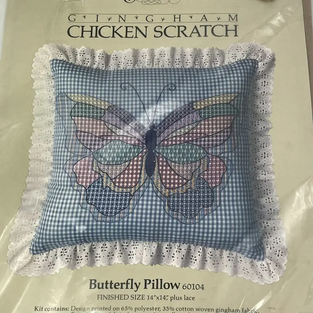 Vtg Candamar Chicken Scratch Embroidery Kit Butterfly Pillow 14x14 Gingham New